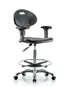 Class 10 Erie Polyurethane Clean Room Chair - High Bench Height with Adjustable Arms, Chrome Foot Ring, & Casters in Black Polyurethane - CLR-TPHBCH-CR-A1-CF-CC-BLK Cheap Sale Sale
