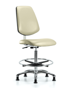 Class 10 Clean Room Vinyl Chair Chrome - High Bench Height with Medium Back, Chrome Foot Ring, & Stationary Glides in Adobe White Trailblazer Vinyl - CLR-VHBCH-MB-CR-CF-RG-8501 Collections For Sale