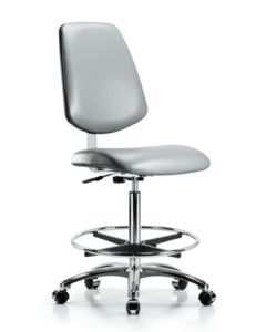 Class 10 Clean Room Vinyl Chair Chrome - High Bench Height with Medium Back, Chrome Foot Ring, & Casters in Sterling Supernova Vinyl - CLR-VHBCH-MB-CR-CF-CC-8840 Clearance Free Shipping