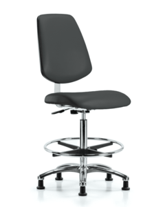 Class 10 Clean Room Vinyl Chair Chrome - High Bench Height with Medium Back, Chrome Foot Ring, & Stationary Glides in Charcoal Trailblazer Vinyl - CLR-VHBCH-MB-CR-CF-RG-8605 Buy Cheap Cheapest