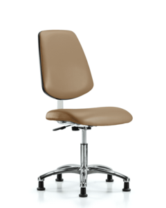 Class 10 Clean Room Vinyl Chair Chrome - Desk Height with Medium Back & Stationary Glides in Taupe Trailblazer Vinyl - CLR-VDHCH-MB-CR-RG-8584 Free Shipping Online
