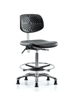 Class 10 Polyurethane Clean Room Chair - High Bench Height with Chrome Foot Ring & Stationary Glides in Black Polyurethane - NCR-PHBCH-CR-T0-A0-CF-RG-BLK Clearance Reliable