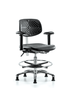 Class 100 Polyurethane Clean Room Chair - Medium Bench Height with Seat Tilt, Adjustable Arms, Chrome Foot Ring, & Stationary Glides in Black Polyurethane - NCR-PMBCH-CR-T1-A1-CF-RG-BLK Comfortable Cheap Pice