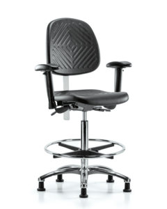 Class 100 Polyurethane Clean Room Chair - High Bench Height with Medium Back, Adjustable Arms, Chrome Foot Ring, & Stationary Glides in Black Polyurethane - NCR-PHBCH-MB-CR-T0-A1-CF-RG-BLK Clearance Official Site
