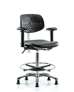 Class 100 Polyurethane Clean Room Chair - High Bench Height with Adjustable Arms, Chrome Foot Ring, & Stationary Glides in Black Polyurethane - NCR-PHBCH-CR-T0-A1-CF-RG-BLK Free Shipping Online