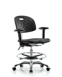 Class 100 Newport Industrial Polyurethane Clean Room Chair - Medium Bench Height with Seat Tilt, Adjustable Arms, Chrome Foot Ring, & Casters in Black Polyurethane - CLR-HPMBCH-CR-T1-A1-CF-CC-BLK Explore