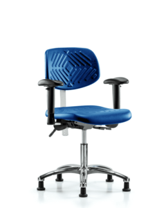 Class 100 Polyurethane Clean Room Chair - Desk Height with Adjustable Arms & Stationary Glides in Blue Polyurethane - NCR-PDHCH-CR-T0-A1-RG-BLU Get Authentic For Sale