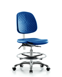 Class 10 Polyurethane Clean Room Chair - Medium Bench Height with Medium Back, Chrome Foot Ring, & Casters in Blue Polyurethane - CLR-PMBCH-MB-CR-CF-CC-BLU Buy Cheap Factory Outlet