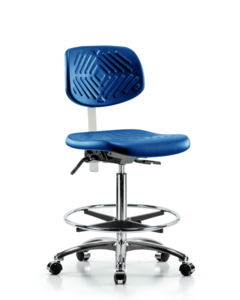 Class 10 Polyurethane Clean Room Chair - High Bench Height with Chrome Foot Ring & Casters in Blue Polyurethane - CLR-PHBCH-CR-CF-CC-BLU Cheap Pice Store