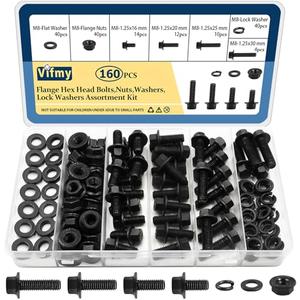 M8-1.25 x 16/20/25/30mm Flange Hex Head Bolts Assortment Kit (160 Piece) with Serrated Flange Nuts,Washers & Lock Spring Washers,Hex Head Screw,Alloy Steel Black Oxide Finish Plated,Full Thread Manchester Great Sale Cheap Pice