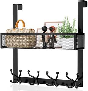 Consumest Over The Door Hooks Organizer - Over Door Hanger with 16 Hooks & 2 Baskets for Hanging Coat, Clothing, Towel, Back of Door Hook for Bathroom, Closet, College Dorm, Black Discount Order