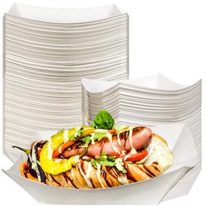 MotBach 100 Pack 3lb Kraft Paper Food Trays, Waterproof Heavy-Duty Paper Food Boats Disposable Serving Baskets Trays for Fries Sandwiches Burgers Hot Dogs Taco Popcorn Christmas Wedding (White) Pictures Cheap Pice