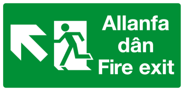Allanfa dan Fire exit diagonal left up Welsh/English sign Sale 2025 Unisex