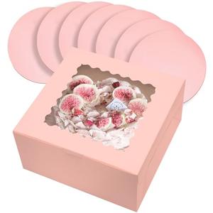 qiqee 10x10x5 Cake Box, 18 Sets Pink Cake Box with Window 18 Sets 10" Pink Cake Round Boards, 10inch Cake Containers Free Shipping For Nice