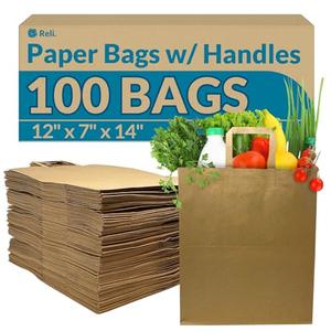 Reli. Paper Grocery Bags w/Handles (100 Pcs, Bulk)(12"x7"x14") Large Paper Grocery Bags with Handles - Heavy Duty 57 Lbs Basis - Shopping, Takeout/To Go, Retail (Brown/Kraft) Best Deals
