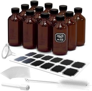 Nevlers 12PK 8 Oz Glass Bottles with Caps |Leakproof Amber Glass Bottle Set With Shrink Wrap, Funnel, Brush & Bonus Labels| Dark Glass Bottles for Oil | Vanilla Extract Bottles | Glass Medicine Bottle High Quality Cheap Pice