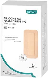 Dimora Silicone Foam Dressing Silver Ag 4"x 8" Adhesive Absorbent Bandage Pads 5 Packs Visit New Online