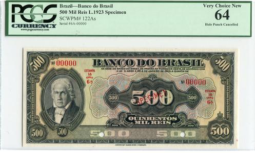 Brazil Pick 122A Specimen 500 Mil Reis 1923, PCGS Very Choice New 64 Sale Shop
