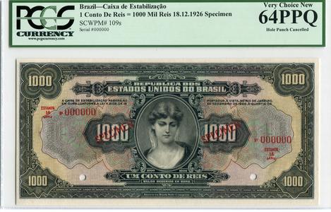 Brazil Pick 109 Specimen 1,000 Mil Reis 1926, PCGS Very Choice New 64 PPQ Sale Cheapest