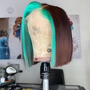 100% Human Hair Brown Color Aqua Green Lace Front Bob Wig Where To Buy Low Pice