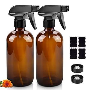 Glass Spray Bottles, 16oz Refillable Containers, Empty Boston Round Bottles with Labels & Adjustable Nozzle for Cleaning, Gardening, Aromatherapy, Pets, Plant, Hair -Amber (2 Pack) Discount Best Seller