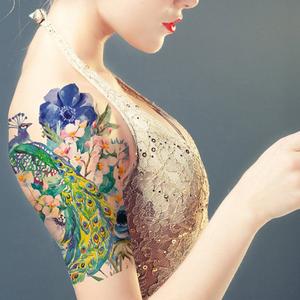 Supperb Large Temporary Tattoos - Watercolor Dream of peacock & Blue Flowers Discount Choice