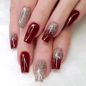 24-Piece Wine Red Long Ballet Press-On Nails with Gold Glitter Gradient Reusable Acrylic Nail Kit Cheap Real Authentic