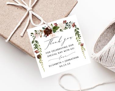 Boho Chic Burgundy Wedding Favor Tag Template, Square Thank You Tag, Favor Label, Gift Tags, Floral Favor Tag Printable, Templett, W54, B54 Clearance Big Sale