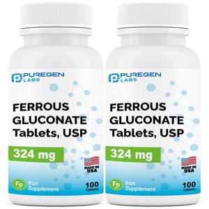 Puregen Labs Ferrous Gluconate 324 mg [High Potency] Iron Supplement, Gentle on Stomach | 2 Pack - 200 Tablets Total Marketable