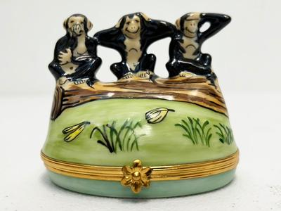 Vintage Limoges Monkey Pill Box, See no Evil, Speak no Evil, and Hear no Evil. Clearance Clearance