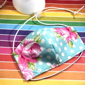 Shaped Face mask with single elastic cord -Light Aqua with Pink Cabbage Roses Brand New Unisex Cheap Online