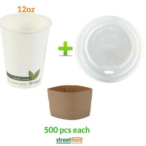 12oz Compostable Coffee Cups (ingeo) Bundle with Matching Biodegradable Lid and Coffee Sleeves ( Complete Set) Buy Sale Online