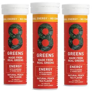 8Greens Daily Greens Energy Effervescent Tablets - Natural Energy Boost, Pre-Workout, No Crash, Greens Powder, Made with Guarana & Yerba Mate, Vitamin B12, Peach Flavor, Pack of 3 Sale Nicekicks