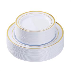 BESTVIP 50PCS Gold Plastic Plate, Disposable Party Plates with 25 Dinner Plates and 25 Dessert Plates, Plastic Plates for Party, Wedding and Birthday Discounts Cheap Pice